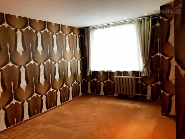 Room in a wild real estate property featuring bold patterned walls, a large window with curtains, and an orange carpet.