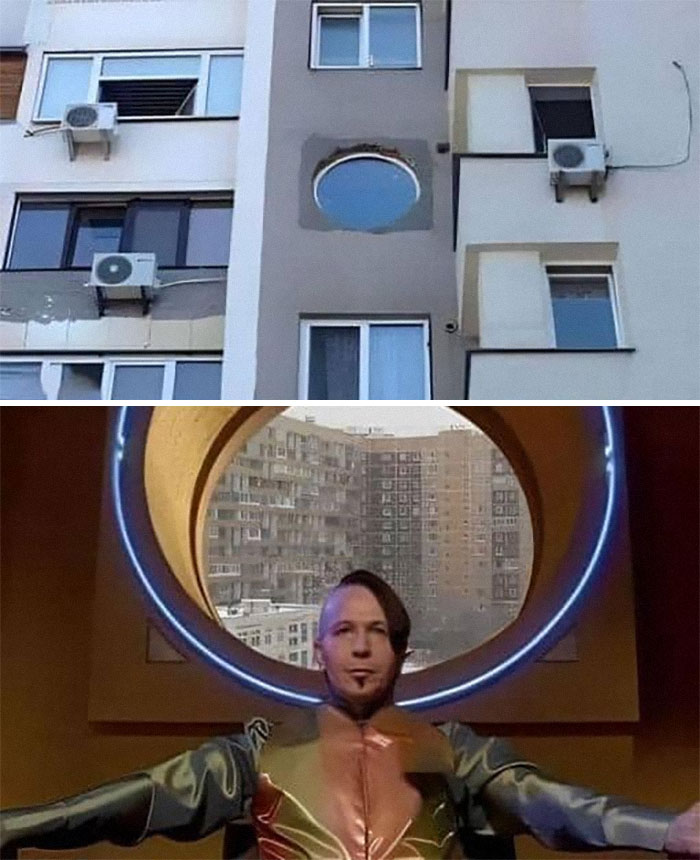 Unique real estate property with a circular window and a person posing inside, showcasing wild real estate listings.