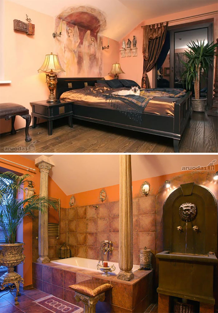 Bedroom with artistic mural and ornate lamps, and a bathroom with classical columns and a vintage fountain in real estate property.