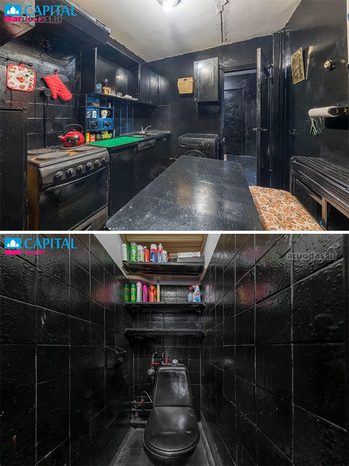 Dark-themed real estate property interiors featuring a black kitchen and bathroom in a unique selling listing.