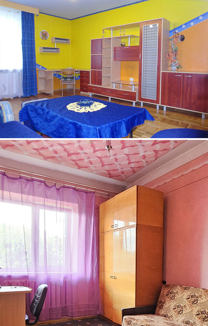 Bright and colorful real estate living spaces with unique furniture and decor in wild real estate properties for sale.