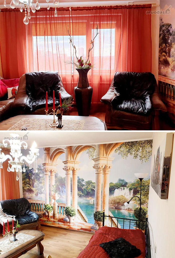 Living room and bedroom with ornate decor and a scenic mural showcasing wildest real estate properties for sale.