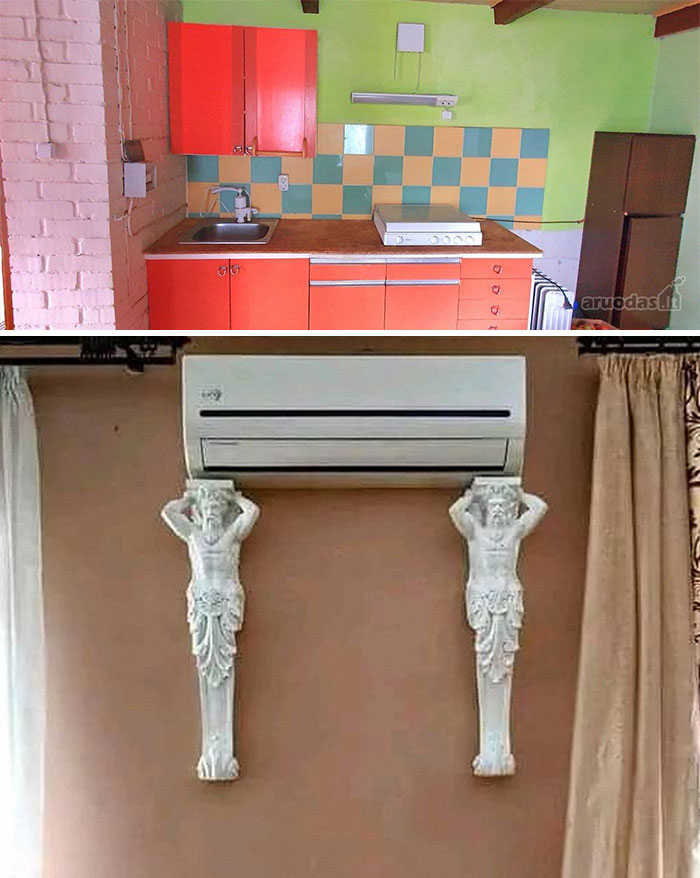 Kitchen with orange cabinets and unique decorative sculptures supporting an air conditioner in a wild real estate property.