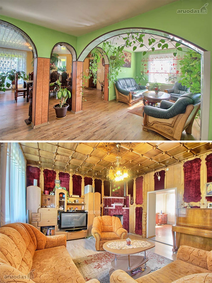 Two living rooms in wild real estate properties for sale, featuring unique decor, vintage furniture, and vibrant indoor plants.