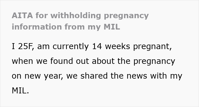 Text screenshot about a woman withholding pregnancy news from her mother-in-law.