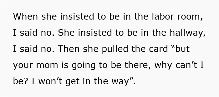 Text depicting a conversation about a woman's decision to exclude her overbearing mother-in-law from the labor room.