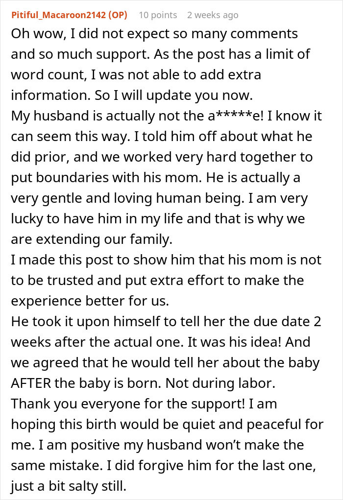 Text post about a woman keeping pregnancy news from an overbearing MIL, discussing husband and family dynamics.