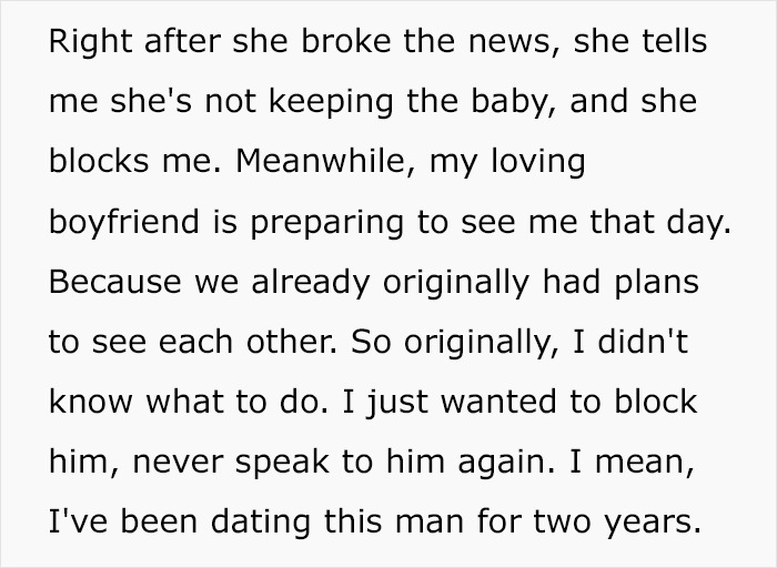 Text screenshot about a woman's reaction to her boyfriend's infidelity and pregnancy news.