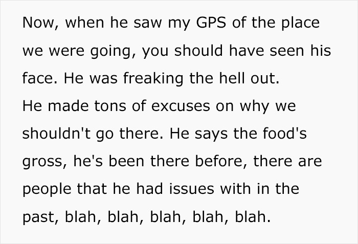 Text screenshot discussing a man's nervous reaction to a GPS location, suspecting infidelity.
