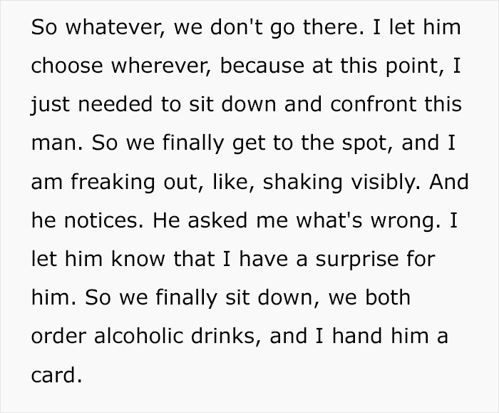 Text on a card reveals unexpected pregnancy results to boyfriend, discussed over drinks.