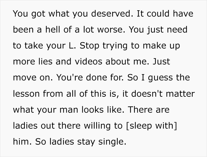 Text image discussing lesson about cheating and relationships, urging women to stay single.