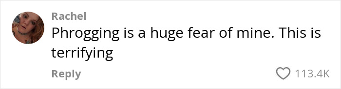 Comment about the fear of phrogging, expressing terror; heart icon showing 113.4K likes. Comment about the fear of phrogging, expressing terror; heart icon showing 113.4K likes.