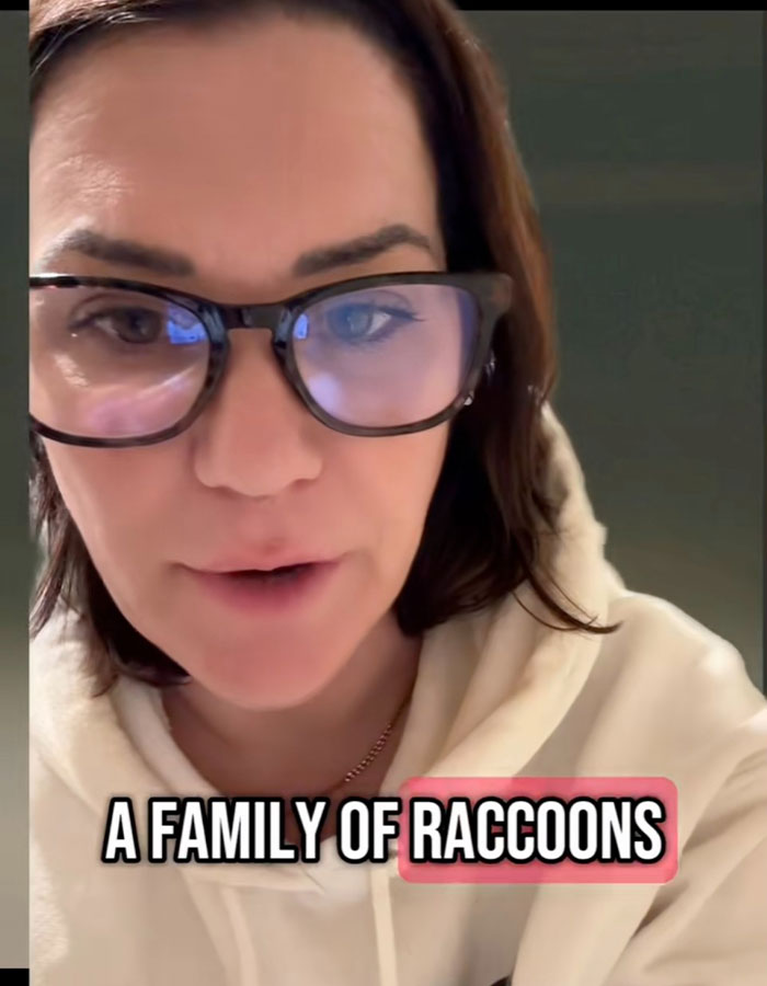 Woman in glasses and hoodie with overlay text reading "A FAMILY OF RACCOONS. Woman in glasses and hoodie with overlay text reading "A FAMILY OF RACCOONS.