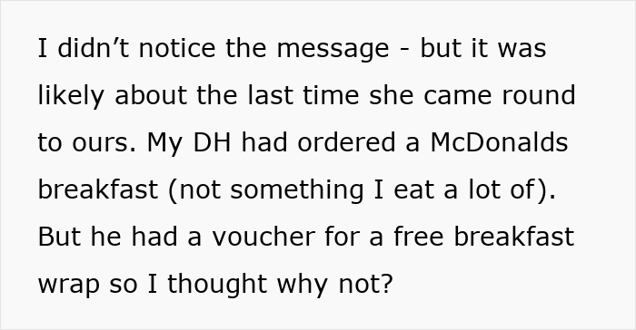 Text message screenshot discussing McDonald's breakfast and a voucher usage; context of accidental comment on weight.