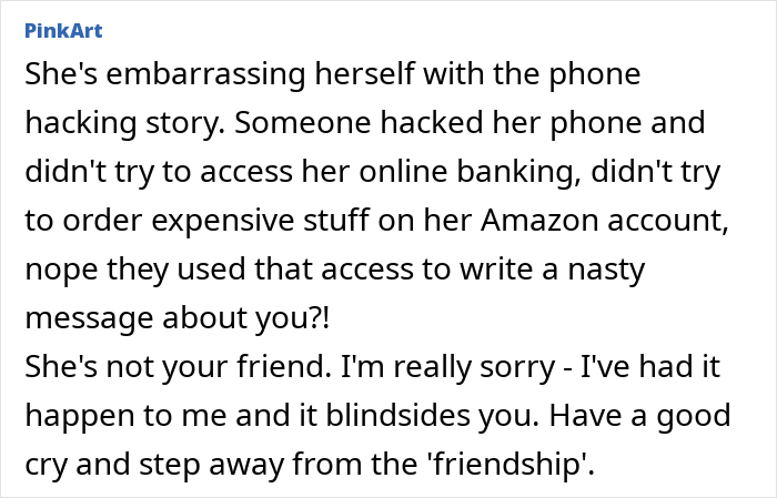 Text exchange about a nasty comment on weight, highlighting a friend's betrayal and discussing phone hacking claims.