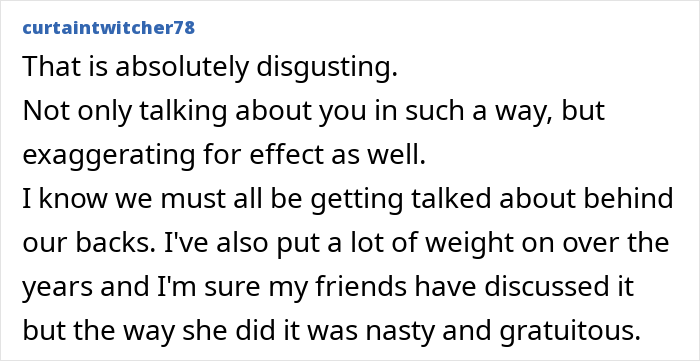 Text screenshot of a conversation discussing a nasty comment about someone's weight.