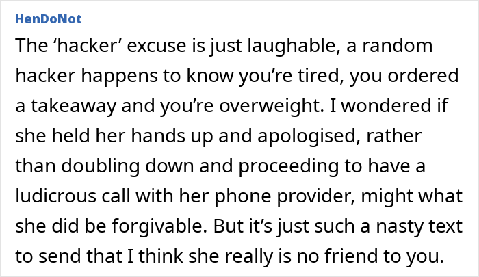 Text message discussing weight and accidental nasty text, highlighting a friend's harsh comments.