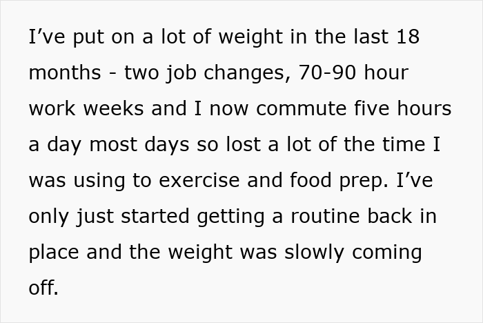 Text discussing weight gain due to lifestyle changes, job stress, and lack of exercise.