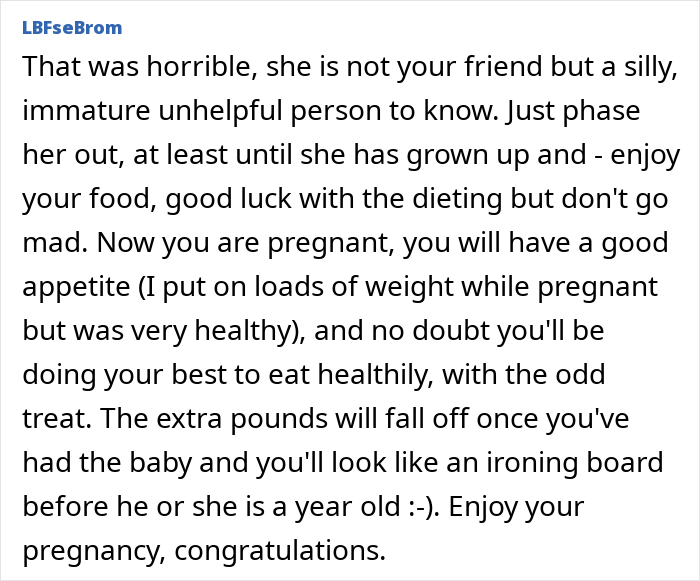 Text message about weight comment, discussing pregnancy and dieting advice.