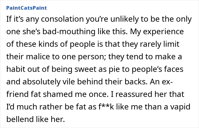 Text exchange about accidental nasty remark on weight, discussing fat shaming and backstabbing behavior.