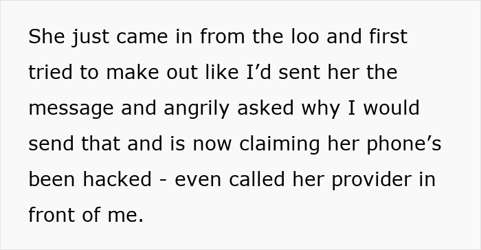 Text discussing accidental nasty text about weight, reaction, and claims of phone hack.