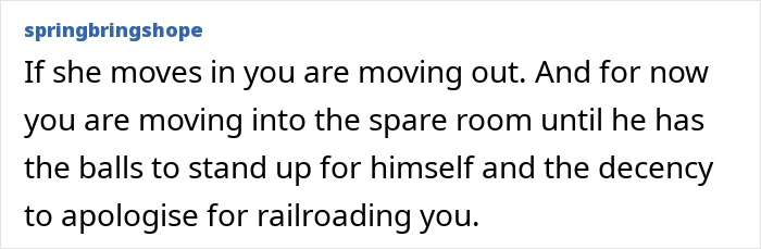 Text comment discussing sister-in-law moving into couple's home, suggesting relationship tension and need for resolution.