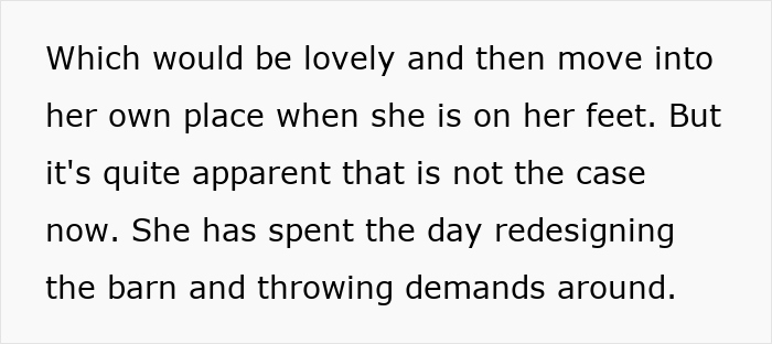 Text describing a situation about a sister-in-law who moved into a couple's home instead of staying in a caravan.