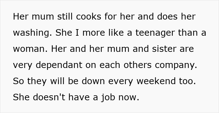 Text about a woman dependent on family support and lacking a job, highlighting family interdependence.