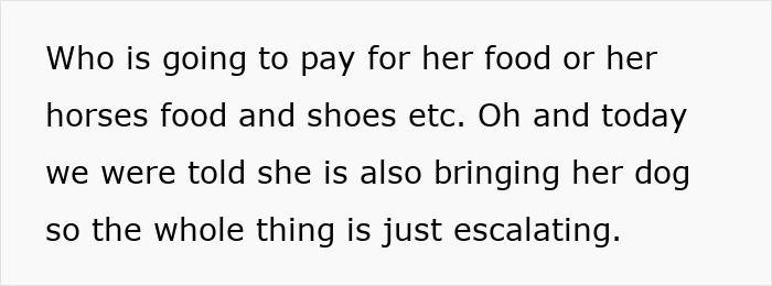 Text about sister-in-law moving into couple&rsquo;s home, raising concerns about living expenses and additional pets.