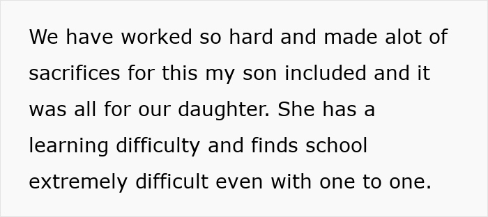 Text discussing sacrifices for daughter with learning difficulties.