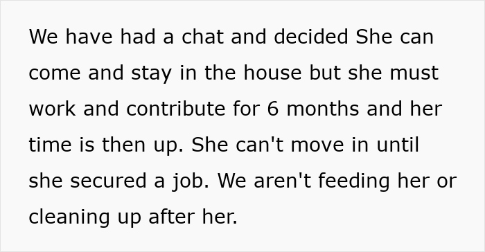 Text detailing conditions for sister-in-law's stay in couple's home, emphasizing work and contribution requirements.