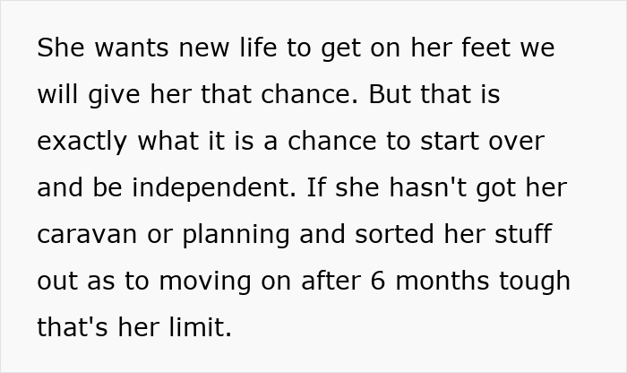 Text discussing sister-in-law's chance to be independent, getting on her feet, and moving on after six months.