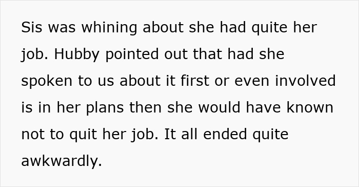 Text discusses sister-in-law drama over job resignation and plans, highlighting a communication breakdown and awkward outcome.