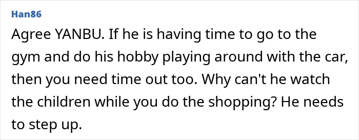 Comment discussing dad's need to help with toddlers, suggesting he should watch them while the mom shops.