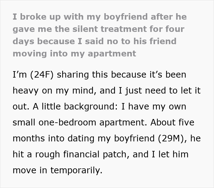“I Deserved Better”: Man Tries To Punish GF With Silent Treatment, Gets Dumped And Kicked Out “I Deserved Better”: Man Tries To Punish GF With Silent Treatment, Gets Dumped And Kicked Out