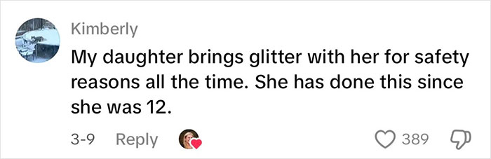 Kimberly comments about her daughter using glitter for safety, receiving 389 likes, discussing "glitter protection" use. Kimberly comments about her daughter using glitter for safety, receiving 389 likes, discussing "glitter protection" use.