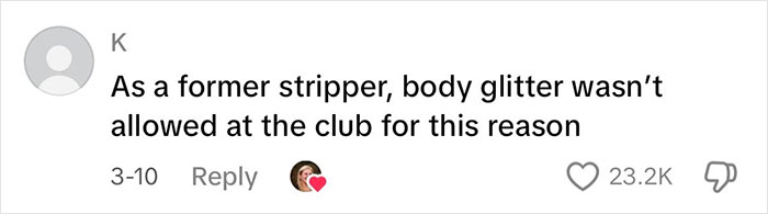 Comment discussing glitter usage with over 23K likes, highlighting women's deterrent methods. Comment discussing glitter usage with over 23K likes, highlighting women's deterrent methods.