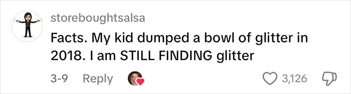 Comment about glitter persistence from 2018, expressing ongoing struggle to clean it up. Comment about glitter persistence from 2018, expressing ongoing struggle to clean it up.