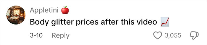 Comment on glitter as deterrent price spike; user 'Appletini' notes rising body glitter prices with trending emoji. Comment on glitter as deterrent price spike; user 'Appletini' notes rising body glitter prices with trending emoji.