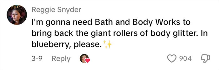Comment about glitter use as deterrent, mentioning Bath and Body Works and body glitter in blueberry. Comment about glitter use as deterrent, mentioning Bath and Body Works and body glitter in blueberry.