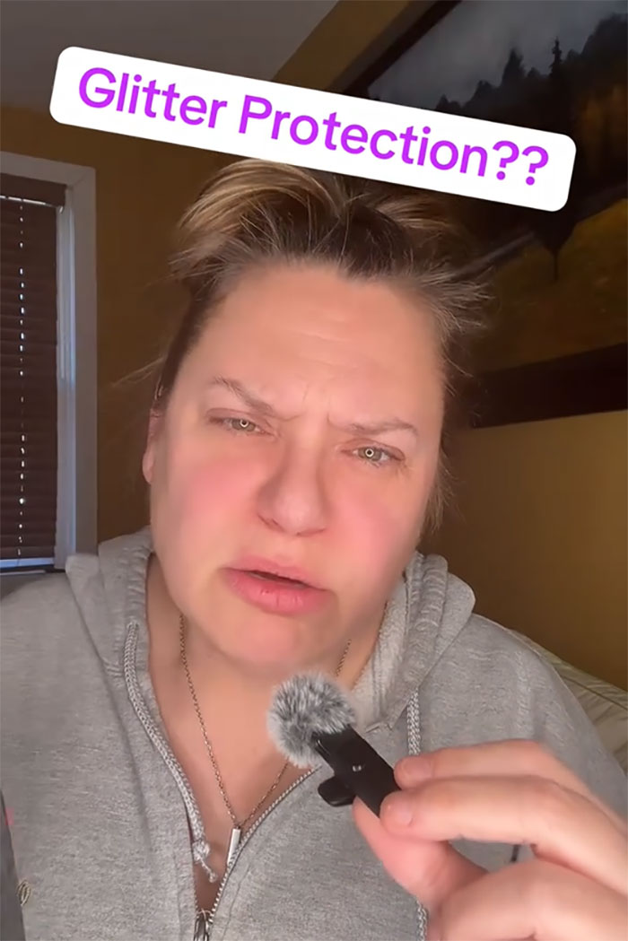 Woman holding a fluffy microphone with “Glitter Protection??” text, exploring glitter as a deterrent tactic. Woman holding a fluffy microphone with “Glitter Protection??” text, exploring glitter as a deterrent tactic.