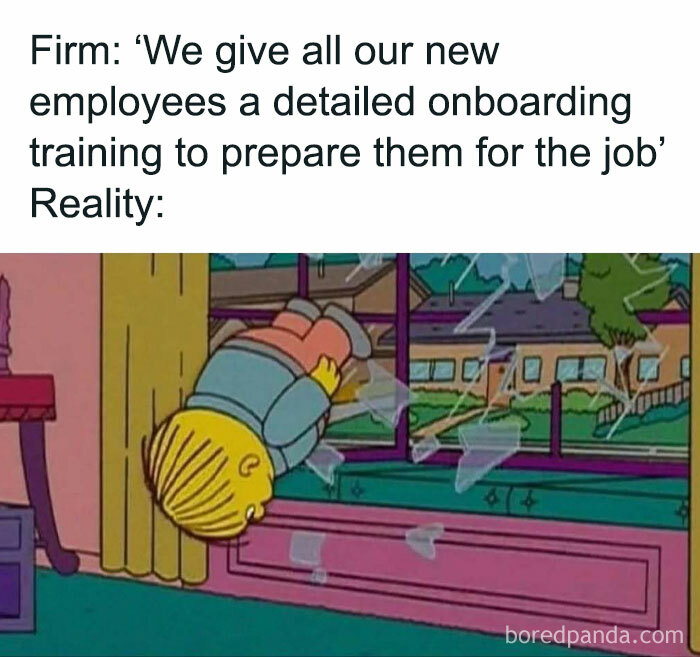 Relatable work meme showing a cartoon character crashing through a window after corporate onboarding claims.