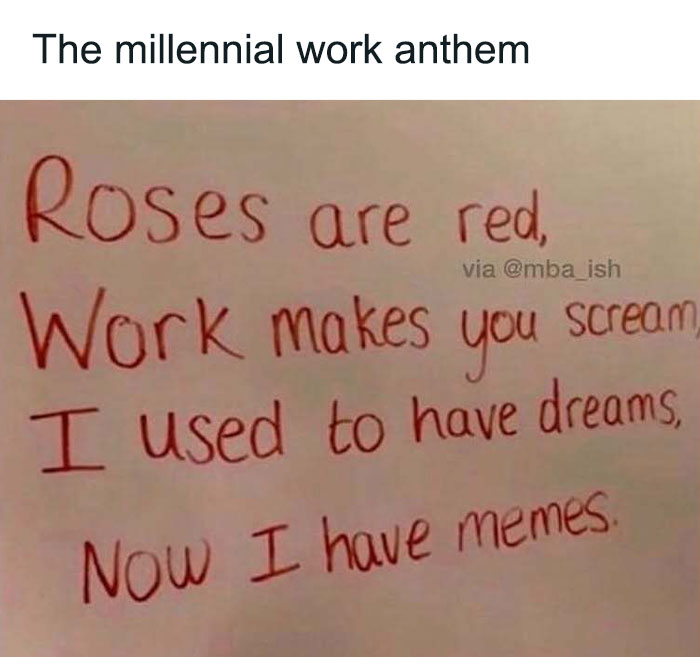Work meme with a poem: "Roses are red, work makes you scream, I used to have dreams, now I have memes."
