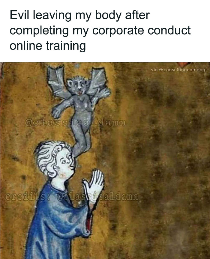 Medieval-style work meme showing a spirit leaving a person's body, humorously representing relief after corporate training.