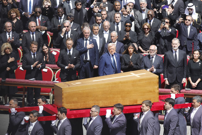 World leaders attend Pope Francis’s funeral, with pallbearers carrying the coffin amid solemn expressions. World leaders attend Pope Francis’s funeral, with pallbearers carrying the coffin amid solemn expressions.