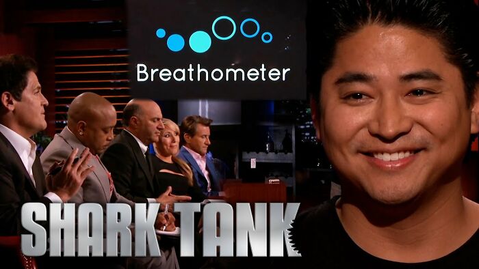 Entrepreneur presenting Breathometer product to Shark Tank judges during a pitch session featuring Shark Tank products that flopped.