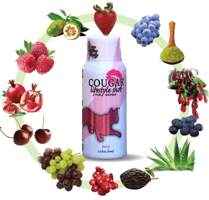 Cougar lifestyle shot berry flavor surrounded by various fruits and natural ingredients from Shark Tank products.