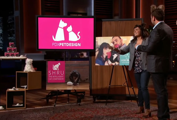 Two entrepreneurs presenting a pet product on Shark Tank, showcasing cat toys and promotional displays.
