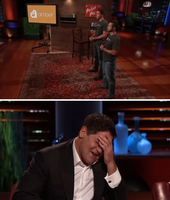 Two men pitch a product on Shark Tank while a judge reacts with frustration during the presentation of Shark Tank products.