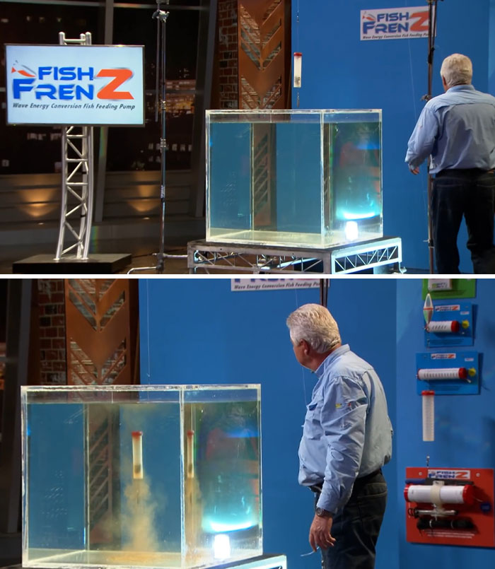 Man demonstrating Fish Frenz wave energy conversion fish feeding pump on Shark Tank, one of the Shark Tank products that flopped.
